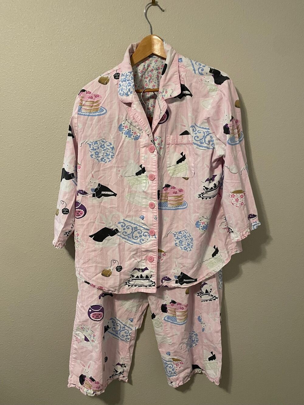 Nick & Nora Pajama Set Womens XL Pink Bunny Tea Party Print Cotton Capri READ